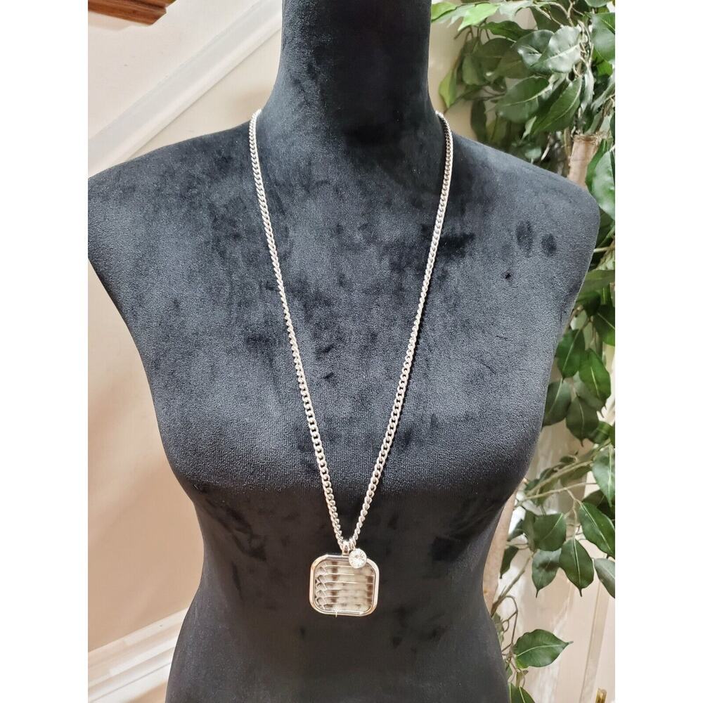 Ann Taylor Snakeskin Print Long Pendant Square Rhinestone Silver Tone Necklace